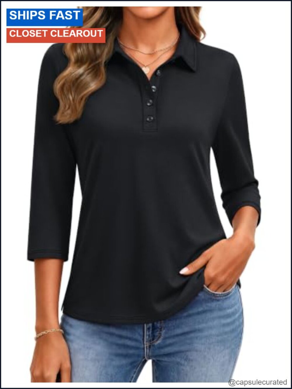 Women's 3/4 Sleeve Polo Shirt Golf Tee 5-Button Collared